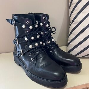 Zara Black Leather Ankle Boots with Pearl Detailing - Size 40